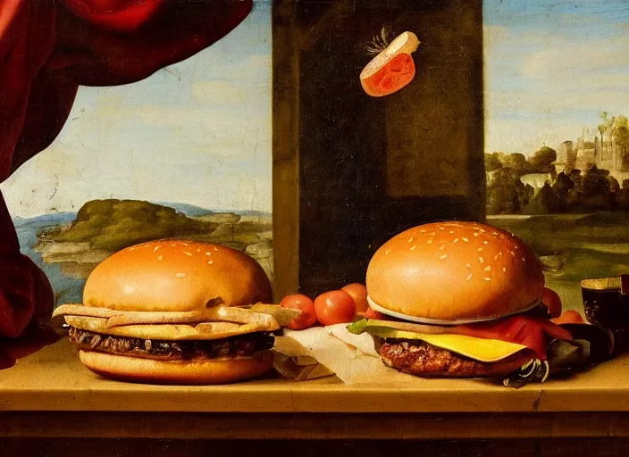 Image similar to a beautiful renaissance painting of a hamburger in style of John Singer Sargant, still life, Velasquez, trending on artstation