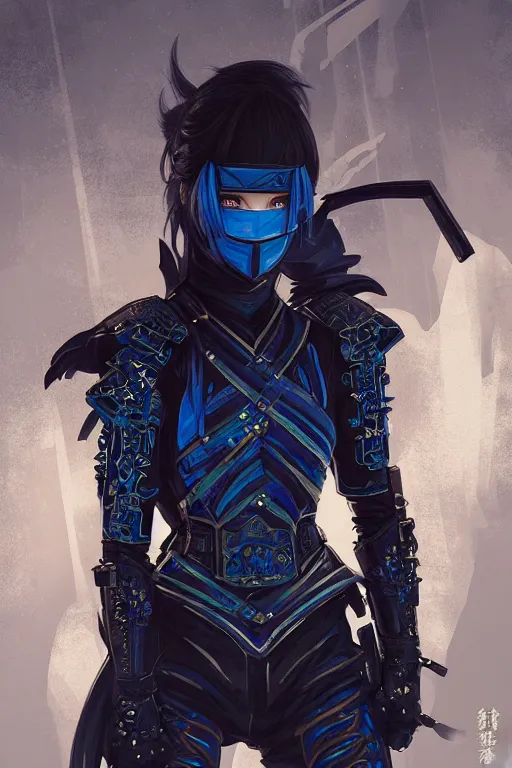 Image similar to portrait Ninja gaiden girl, armored black and blue ninja wardrobe, in ruin japanese rainny temple night, ssci-fi and fantasy, intricate and very very beautiful and elegant, highly detailed, digital painting, artstation, concept art, smooth and sharp focus, illustration, art by tian zi and WLOP and alphonse mucha