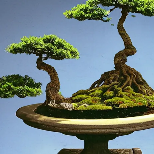 Prompt: a city on top of a bonsai tree, realistic