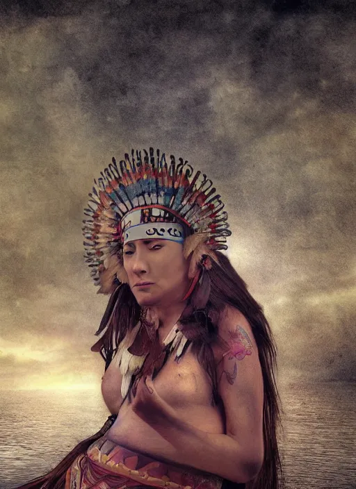 Image similar to acceptance, surrender, letting go, indigenous woman relaxing, matte painting, fantasy art