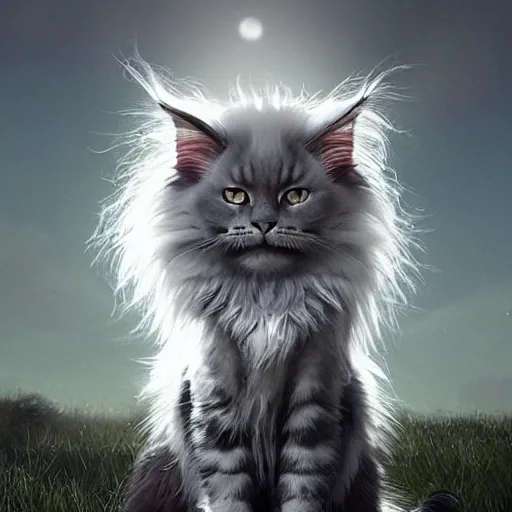 Image similar to a big magnificent dark gray maine coon mix cat with white belly, white paws and white face markings with long fur and fluffy tail, sitting, soft lighting, peaceful, science fiction, award-winning, cinematic lighting, insanely detailed, very realistic, Artstation, Cgsociety, by Simon Stalenhag, directed by Denis Villeneuve, filmic