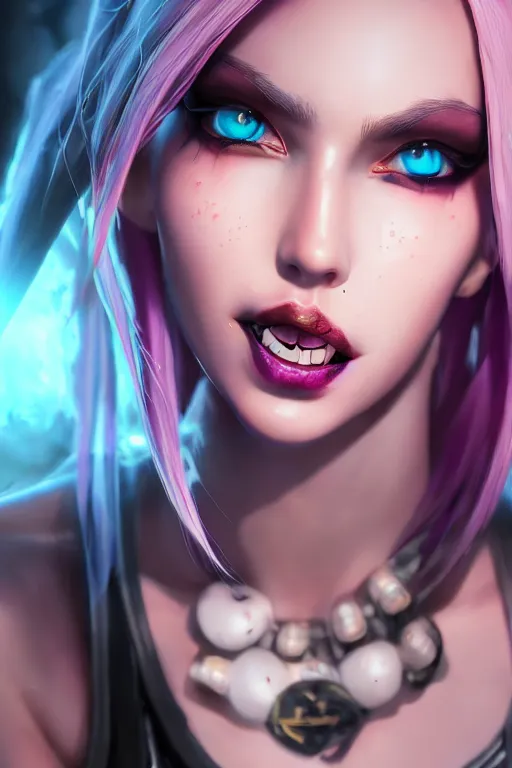 Image similar to ultra realistic facial portrait of jinx from league of legends, digital art, character portrait, highly detailed, trending on artstation, lens flare, atmosphere, hyper realistic, cinematic lightning, sharp focus, unreal engine 5, extreme details perfect face, pretty face, fine - face, illustration, 8 k, ultra texture, masterpiece