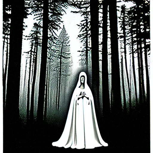 Prompt: marian apparition in forest, high contrast, found footage, vhs, 1 9 9 0, beautiful, highly realistic, highly detailed, vhs noise static, black and white, vhs glitch