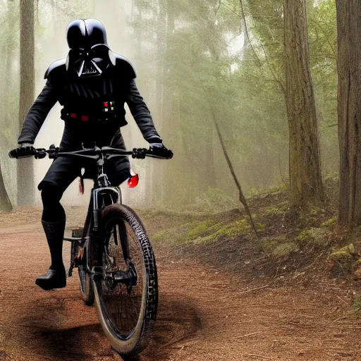 Image similar to darth vader ist riding a mountainbike fast through a burning forrest