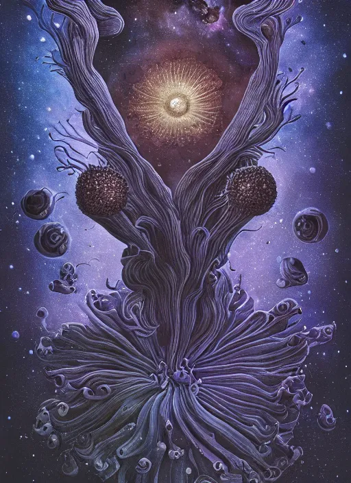 Image similar to detailed, intricate blue black and purple papaverum flower on the field, nebula, galaxy in the sky, winning award masterpiece, fantastically beautiful, illustration, aestheticly inspired, jacek yerka, upscale with anguissola sofonisba work, artstation, 8 k