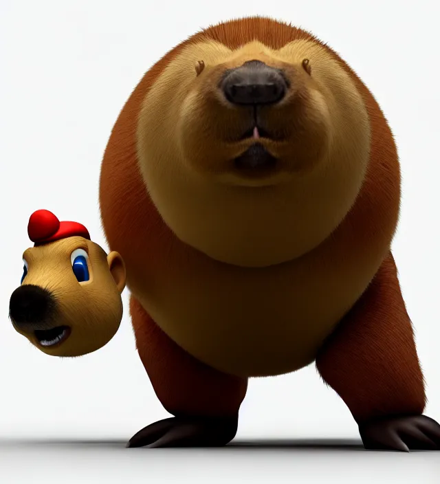 Image similar to studio 3 d render of a capybara mario character, white background, perfectly shaded, trending on artstation, octane render, unreal engine 5 render