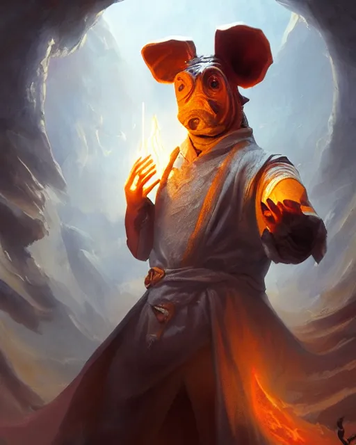 Image similar to oil painting of a Anthropomorphized pig sorcerer casting an epic spell, sharp focus, heroic pose, fantasy style, octane render, volumetric lighting, 8k high definition, by greg rutkowski, highly detailed, trending on art Station, magic the gathering artwork, centered