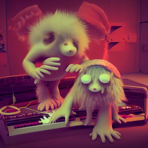 Prompt: misbehaving soft fuzzy monster musicians, in the style of billelis and james jean and pedro conti and stanley kubrick, inspired by die antwoord, kawaii colors, photorealistic, epic, super technical, 3 d render