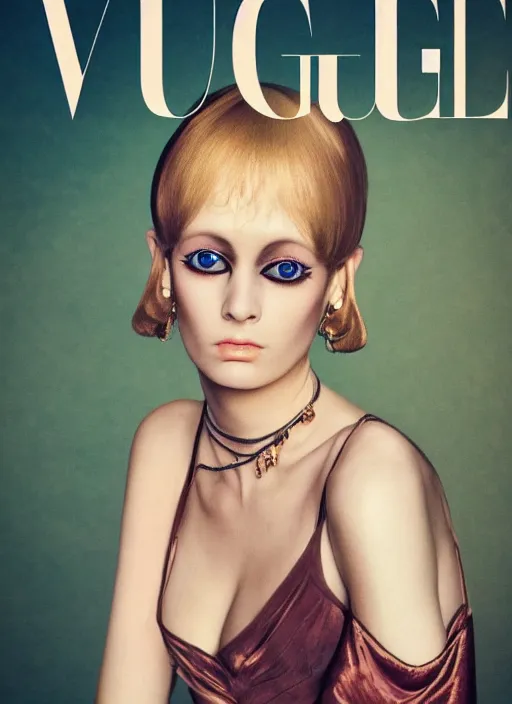 Prompt: italian vogue 6 0 s vintage cover portrait of a female model, twiggy, and strong eye make up by steven meisel, 8 k, octane render, ultra sharp hyper detailed digital art