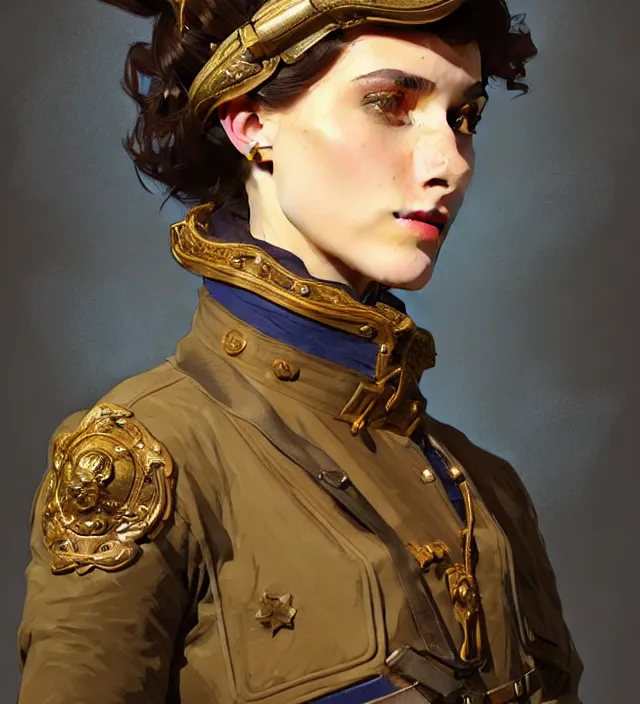 Prompt: portrait of a french woman wearing a blue traditional nineteenth century military jacket, metal shoulder pauldrons, intricate, highly detailed, digital painting, artstation, concept art, sharp focus, cinematic lighting, illustration, art by artgerm and greg rutkowski, alphonse mucha, cgsociety