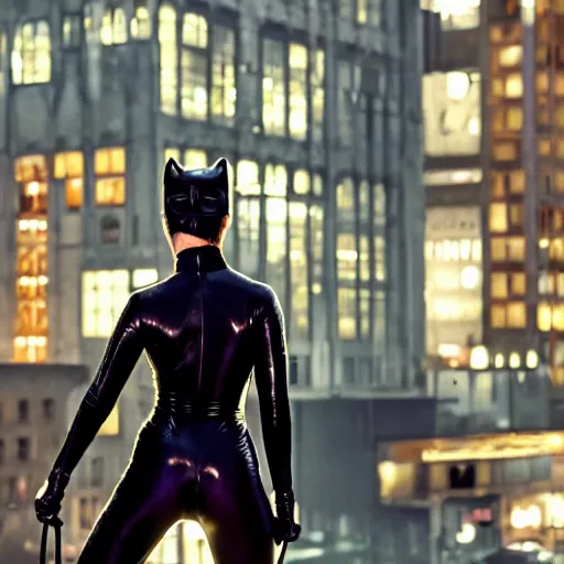 Image similar to real-life Catwoman, cinematic, Wide-shot, atmospheric lighting, directed by Quentin Tarantino, extreme detail, 8K, movie still