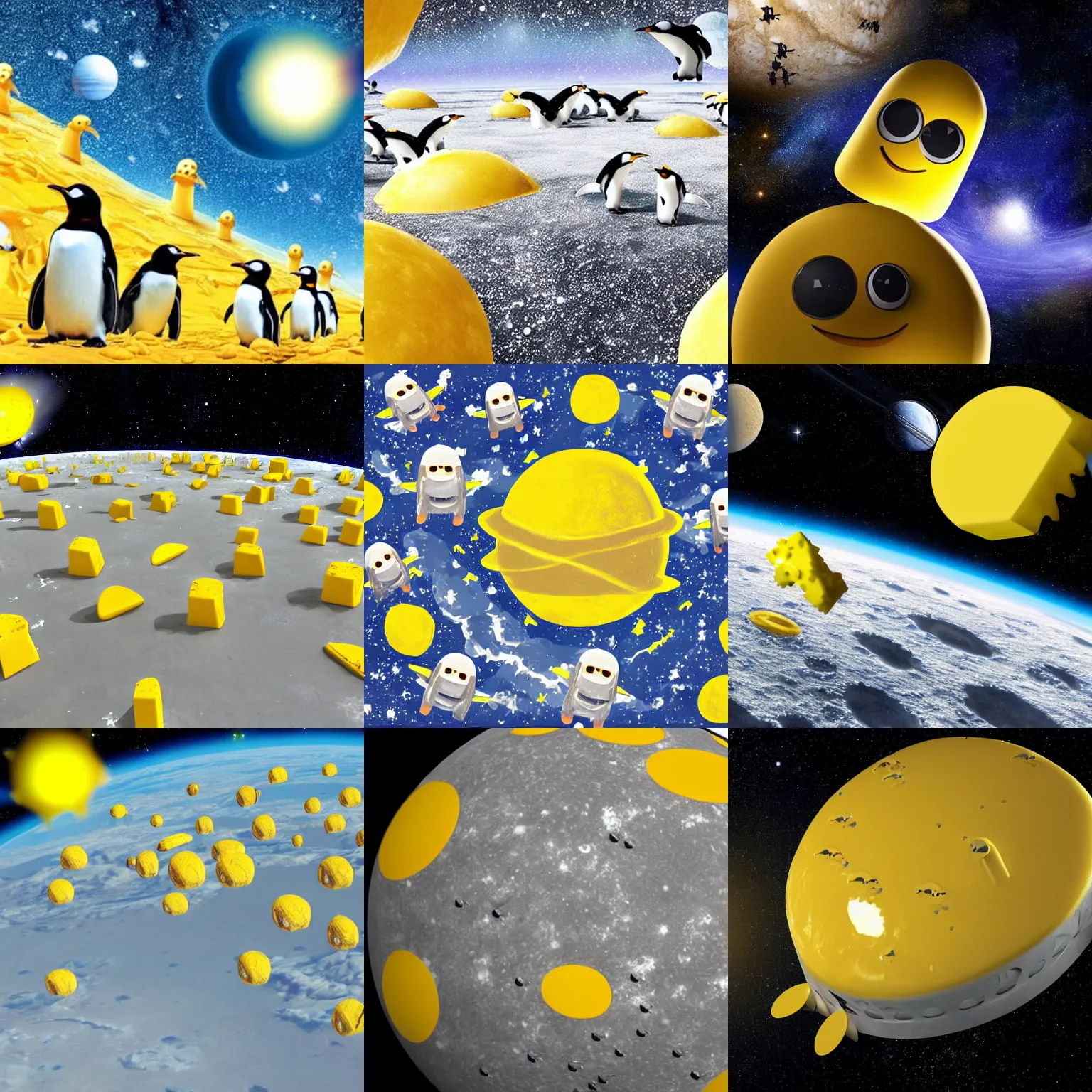 Prompt: planet made of yellow swiss cheese in space, with army of robotic penguins, invasion, hyper-realistic