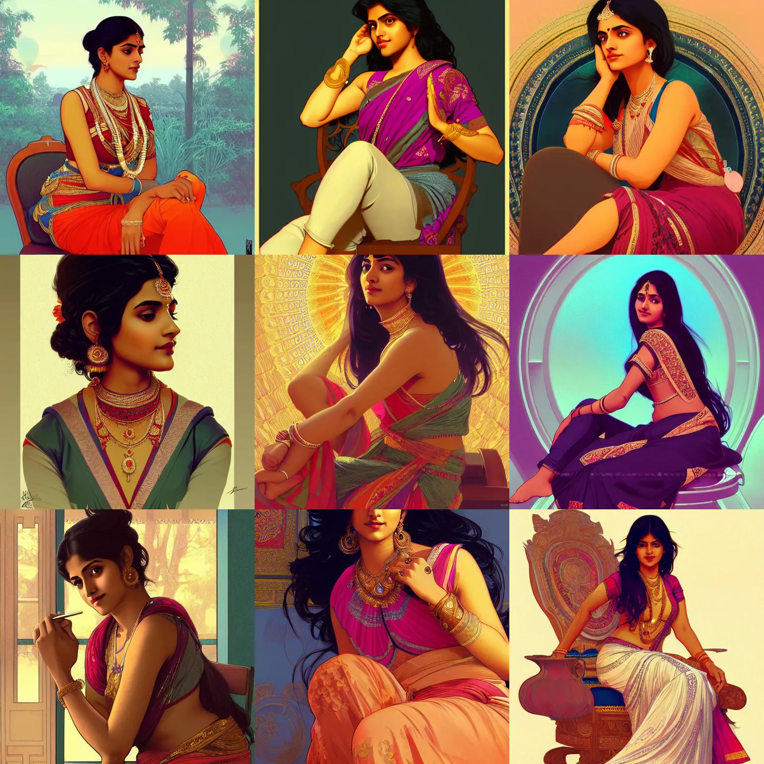 Prompt: gorgeous indian woman sitting in a chair. highly detailed, digital painting, artstation, concept art, smooth, sharp focus, illustration, art by artgerm and alphonse mucha, high definition digital art, in the style of ilya kuvshinov and Ross tran