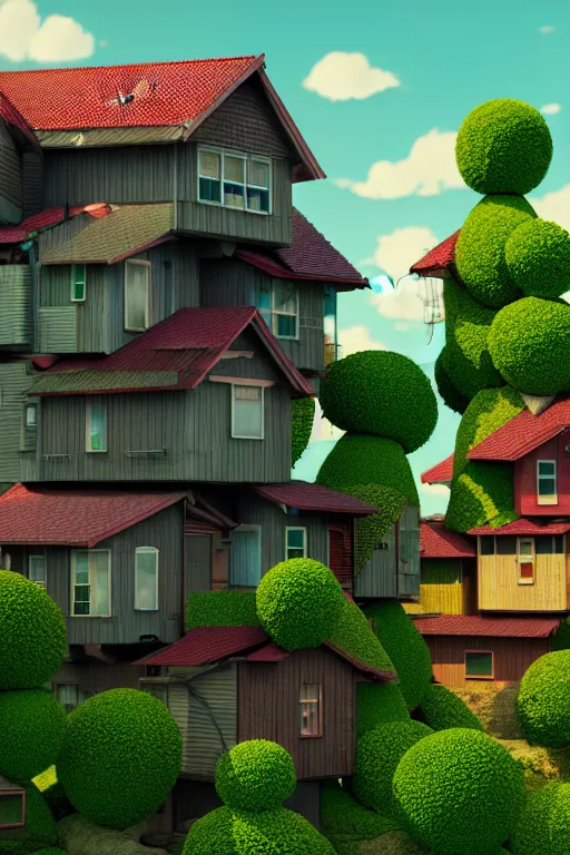 Image similar to stacked houses, solarpunk, studio ghibli, octane render, 4 k