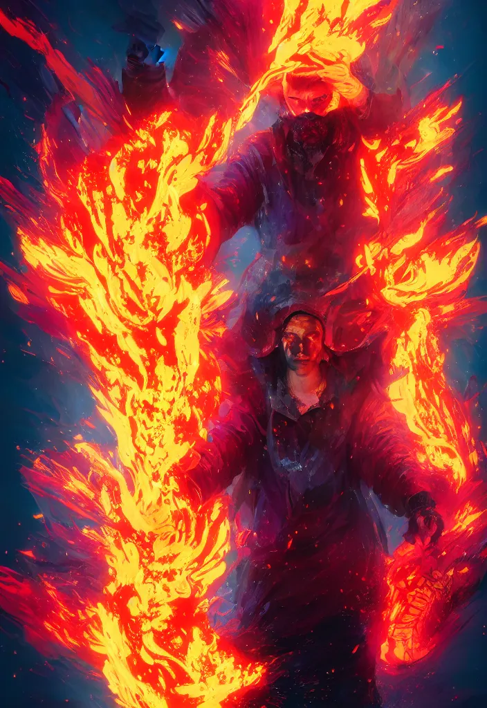 Image similar to a fancy protrait of a very mad mage engulfed in colorful flames by greg rutkowski, sung choi, mitchell mohrhauser, maciej kuciara, johnson ting, maxim verehin, peter konig, 8 k photorealistic, cinematic lighting, hd, high details,