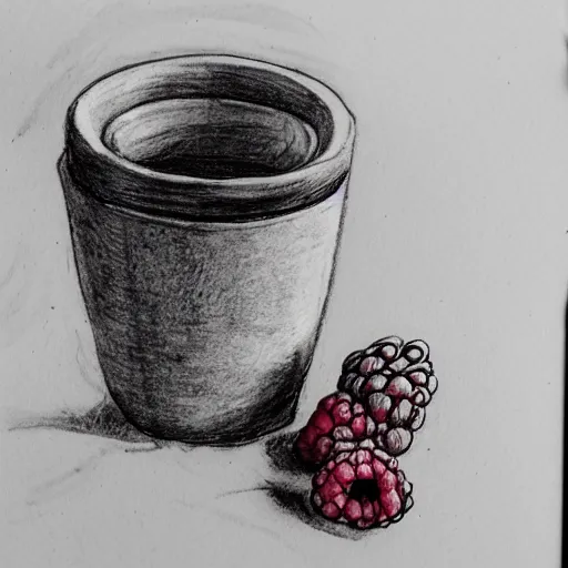 Prompt: pen sketch of raspberry made of coffee cup stains