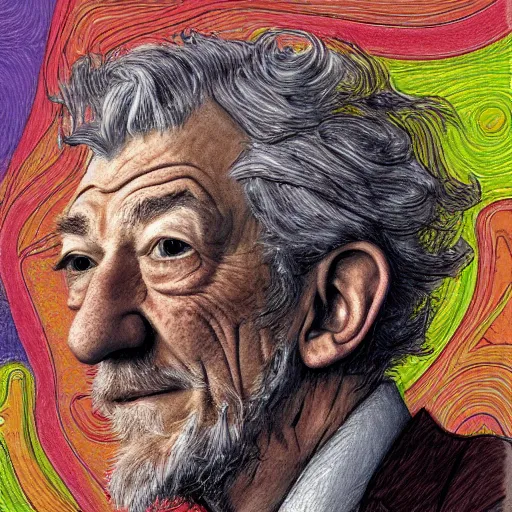 Prompt: a realistic yet scraggly portrait sketch of the side profile of a stern and sophisticated lan mckellen, trending on artstation, intricate details, colorized by lisa frank, in the style of frank auerbach, in the style of sergio aragones, in the style of martin ansin, in the style of david aja, in the style of mattias adolfsson