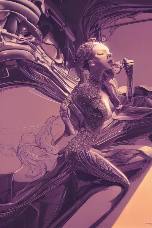 Image similar to the most amazing dream you ever had about a beautiful woman transhumanism, hyper realistic, concept art, intricate, hyper detailed, smooth, syd mead, high contrast, neon, volumetric lighting, octane, raytrace, jim lee, moebius