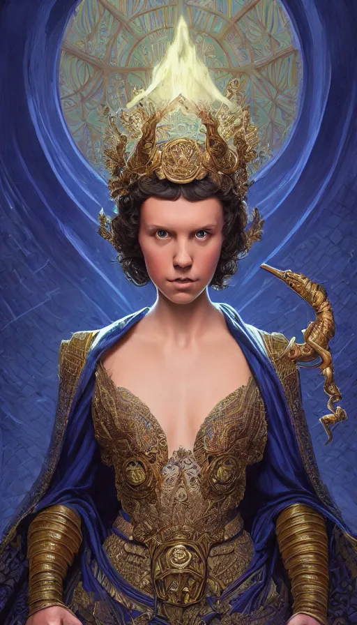 Prompt: millie bobby brown as a sorceress, passionate, seductive, sweaty, intricate dressed in ornate blue robes and staff, lovely, intricate, highly detailed, digital painting, artstation, concept art, smooth, sharp focus, illustration, unreal engine 5, 8 k, art by artgerm and greg rutkowski and alphonse mucha