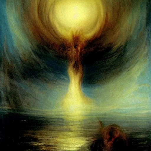 Image similar to a gigantic lovecraftian cyclope emerging from under the ocean, gazing to the sky, as in a turner's painting