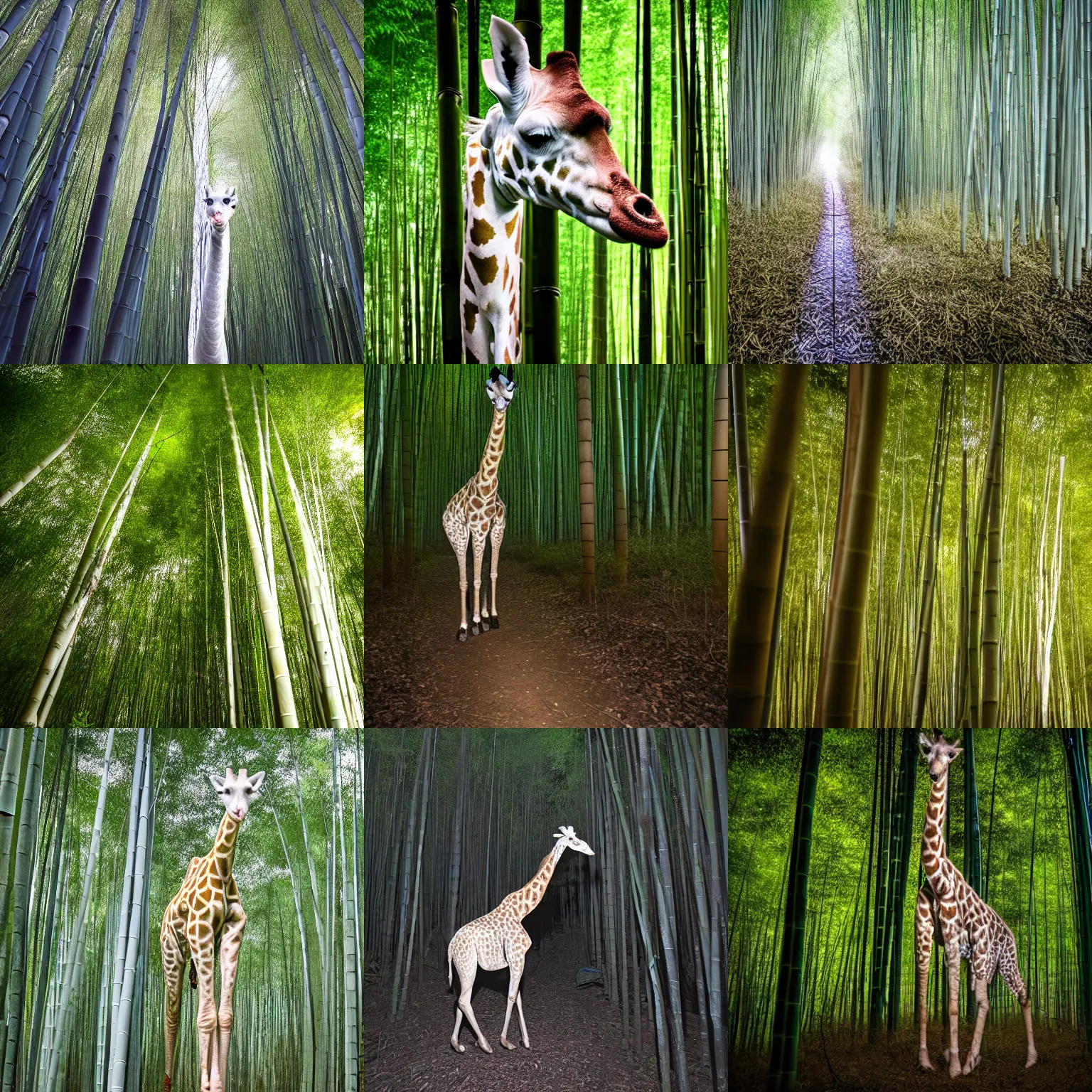 Prompt: midnight trail cam of an albino giraffe in a dark bamboo forest, flash photo, motion blur, deep focus