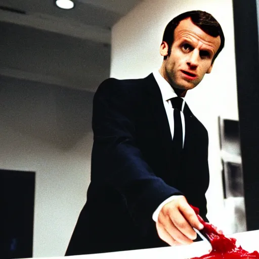 Prompt: Emmanuel Macron washing blood on the floor in American Psycho (1999)