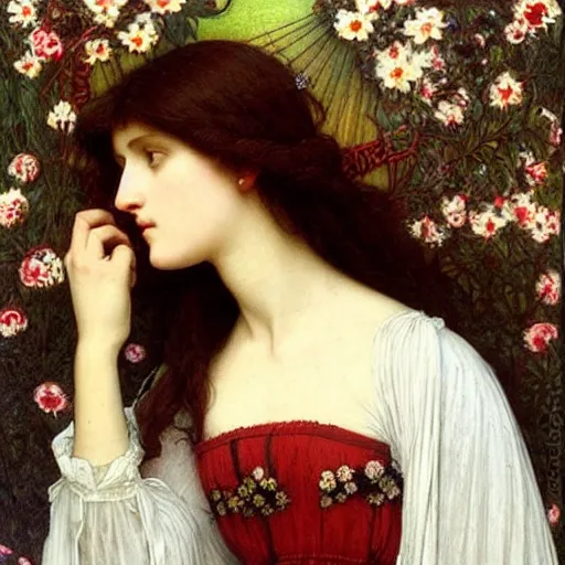 Prompt: Symmetric Pre-Raphaelite painting of a beautiful woman with dark hair and intense white eyes in a transparent silk dark red dress, surrounded by a halo frame of flowers and a highly detailed mathematical drawings of neural networks and geometry by Doré and Mucha, by John William Waterhouse, Pre-Raphaelite painting