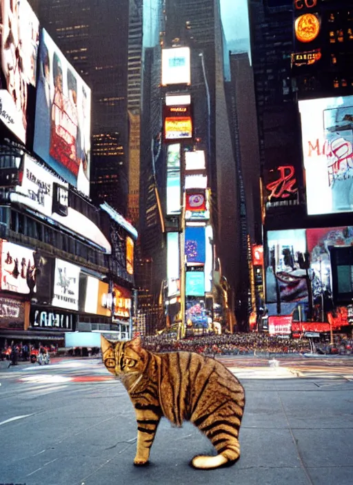 Image similar to a giant cat in times square, cinestill