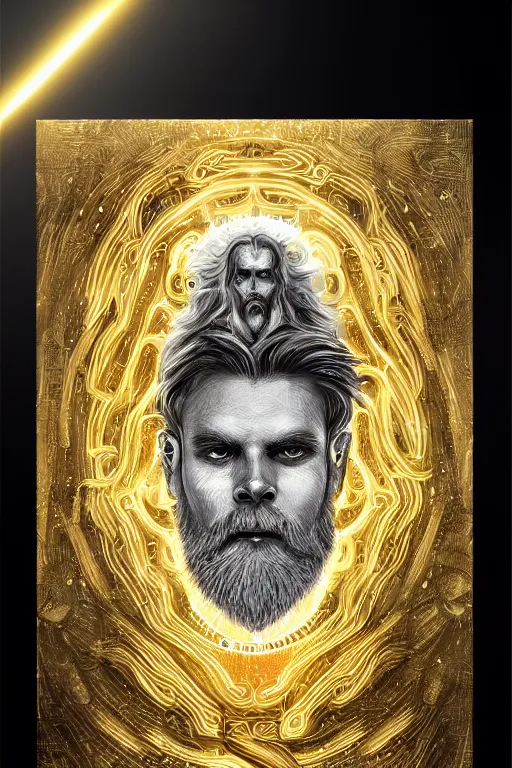 Image similar to mythological odin all father supreme God of thunder and artificial intelligence creating himself with an artificial neural network with gold synapses on an anvil, high resolution, award winning art, trending on art station, sharp image, incredibly detailed, detailed character realistic painting