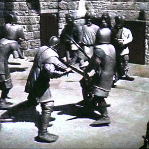 Prompt: medieval sword fight cctv footage, coloured photo, security cam footage