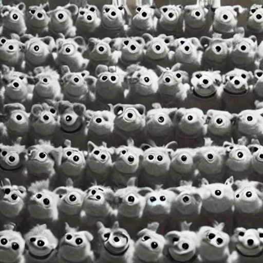 Prompt: Found footage of a room full of furbies staring at the camera. Some of them lack fur and are malfunctioning