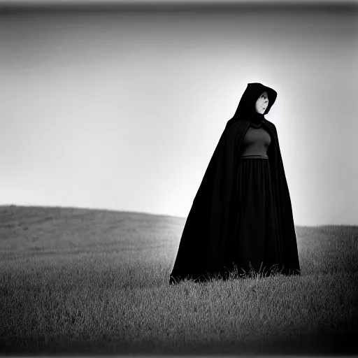 Prompt: A young lady with a black cloak is riding a dark horse from distance, Kodak TRI-X 400, dark mood, melancholic,