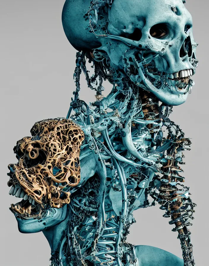 Prompt: Portrait of positing on rock woman in baroque dress with many biomechanical details, full lenght view. white plastic, skull, muscles, tumors, veins, biomech. !!!Vogue magazine!!! halo. octane rendering, cinematic, hyperrealism, octane rendering, 8k, depth of field, bokeh. iridescent accents. vibrant. teal gold and red color scheme