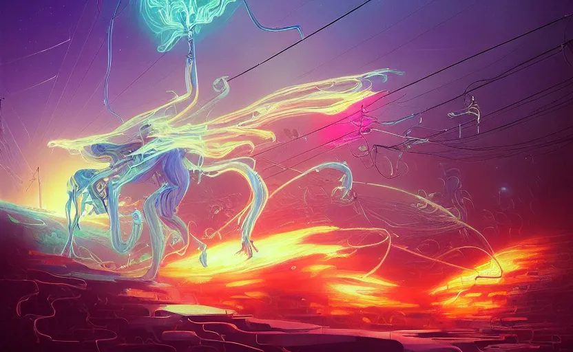 Image similar to A detailed painting of a mystical shadow creature drifting through the neon wires of the astral plane dimension. By Peter Mohrbacher Alena Aenami and Peter Gric and Dan Mumford, Trending on Artstation, bizmuth.