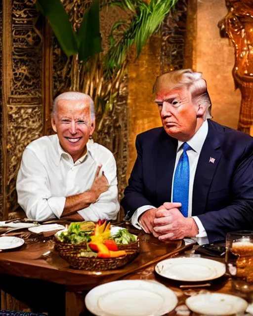 Image similar to Trump and Biden having dinner at a fancy Balinese restaurant, award winning photography, 85mm, perfect faces