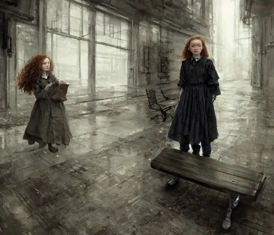 Image similar to sadie sink in oversized school uniform. waits on a bench | a bench along a wall. next to a door. in an office building. concept art for scifi dystopian film. by nikolay makovsky, bob byerley, wadim kashin, andrea kowch. cinematic moody atmosphere, detailed and intricate, perfect anatomy