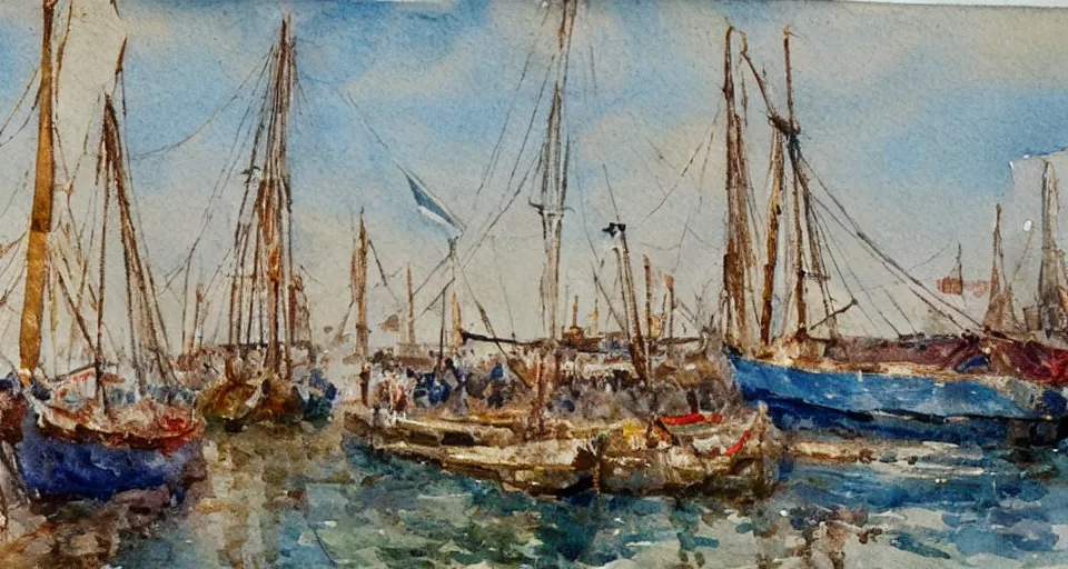 Prompt: a 1 9 th century boat yard reelected in the harbour, sails, partially built sailing ships, rope and pulleys on the ground, impressionist style, watercolor