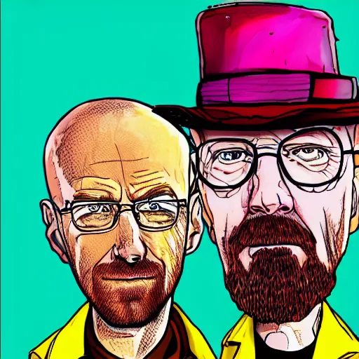 Prompt: Jessy Pinkman and Walter White in the style of Ralph Steadman