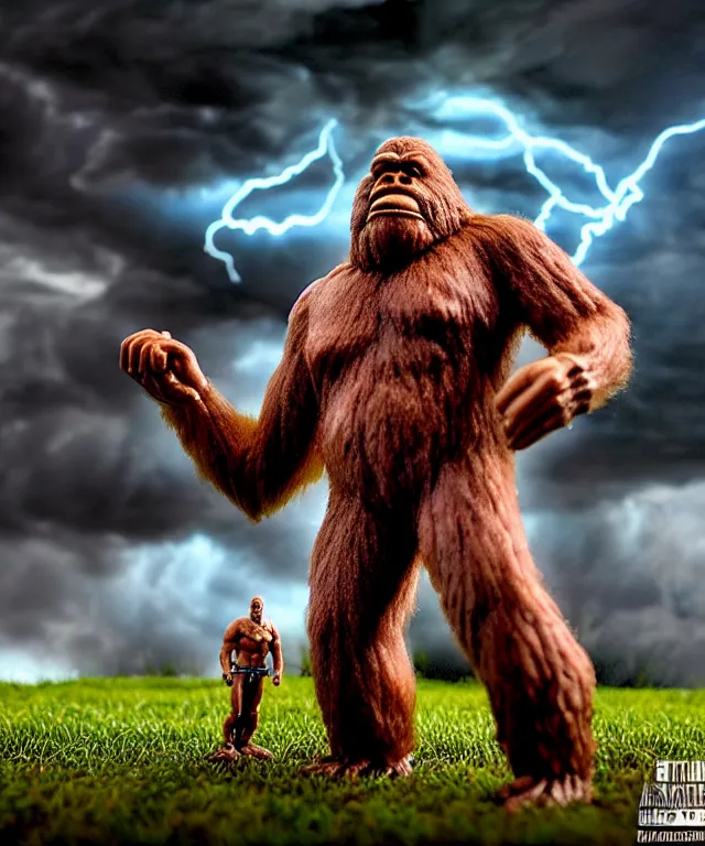 Image similar to hyperrealistic rendering, epic boss battle, bigfoot sasquatch, by art of skinner and richard corben, product photography, collectible action figure, sofubi, hottoys, storm clouds, outside, lightning