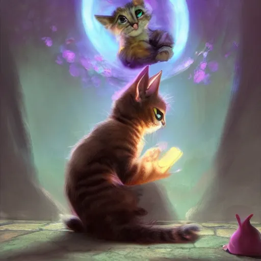 Prompt: a beautiful stunning fantasy whimsical matte digital concept painting of a kitten learning magic by kit faced and marc simonetti, magic the gathering, trending on artstation hq, contest winner, masterpiece, pastel color palette, 8 k resolution