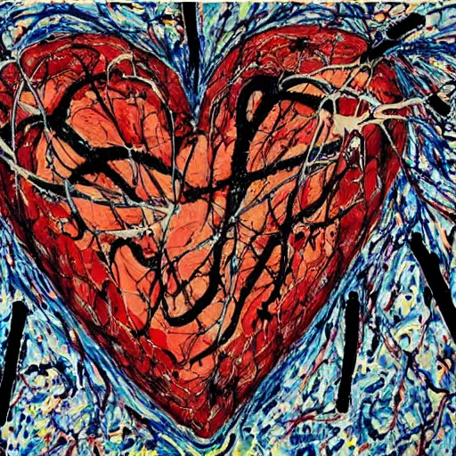 Prompt: anatomically correct human heart, real heart, anatomic, painting by jackson pollock