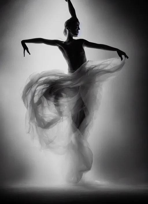 Image similar to a Photorealistic dramatic hyperrealistic render of a glamorous beautiful Female smoke dancer by Ken Brower and Deborah Ory of NYC Dance project,Lois Greenfield,Flowing cloth and smoke,Beautiful dynamic dramatic dark moody lighting,volumetric,shadows,cinematic atmosphere,Octane render,8K