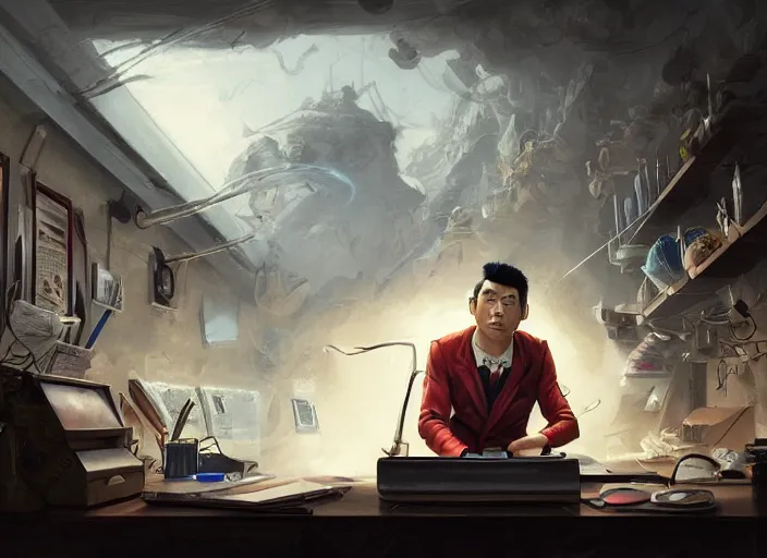 Image similar to an insanely detailed painting of an asian man wearing a homemade superhero costume, sitting at a desk, staring seriously at the computer and typing, in the style of peter mohrbacher, james jean, artgerm, dramatic lighting and composition, surreal background, octane render, pixar, trending on artstation, concept art, comic book, view from behind, 8 k