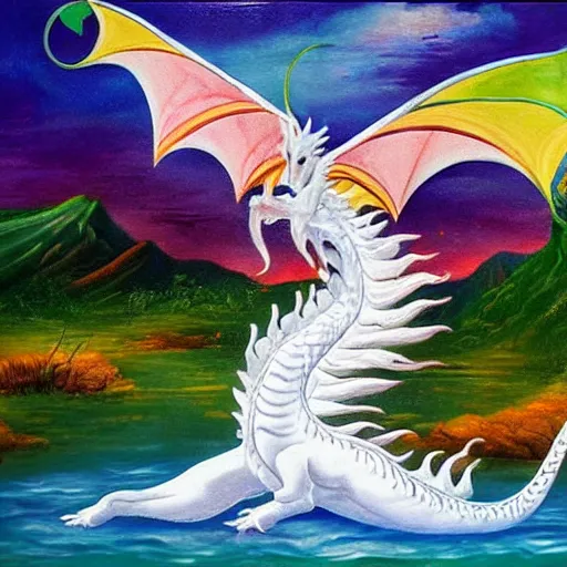 Image similar to highly detailed oil painting of a white dragon sitting in a colorful hotspring