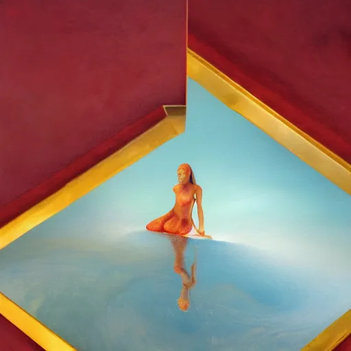 Prompt: Lydia Bielen full body laying in a blood red pool of water between a golden mirror frame, outside is space and inside the mirror frame is a beautiful landscape., physically accurate, dynamic lighting, intricate, elegant, highly detailed, digital painting, artstation, HR GIGER, Hieronymus Bosch, Francis Bacon, concept art, smooth, sharp focus, illustration, art by artgerm and greg rutkowski and alphonse mucha