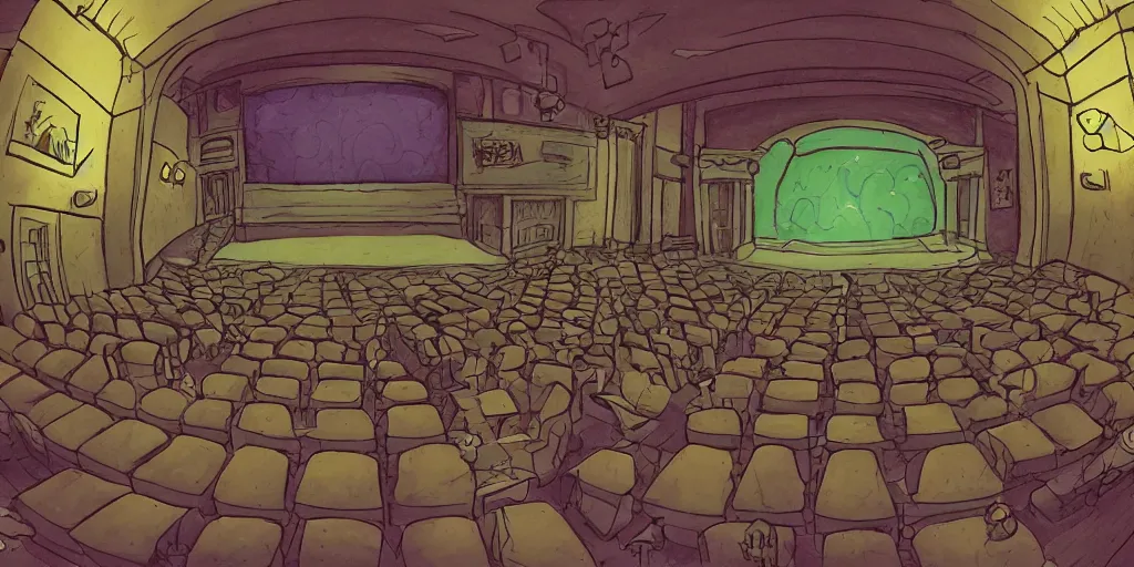 Prompt: a dimly lit, theater hall, 3 doors, 1 staircase, day of the tentacle style, drawn by Peter Chan, fish eye