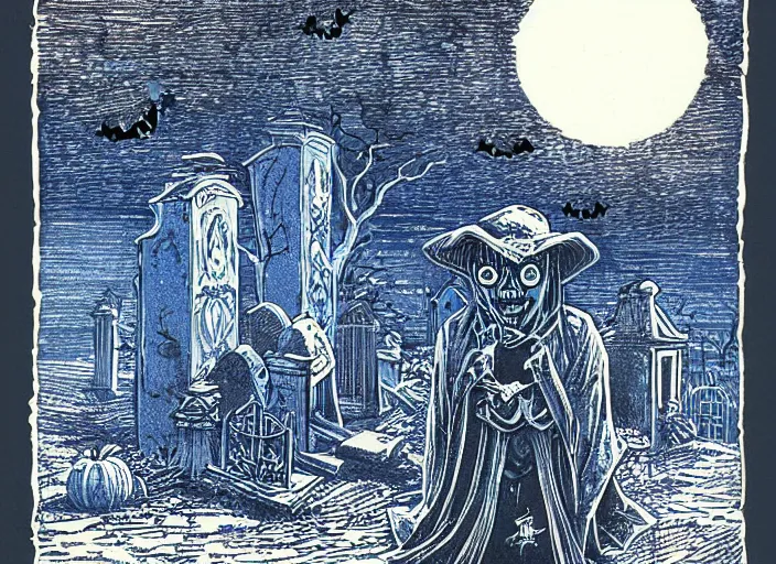 Image similar to blue woodcut print, cartoon halloween ghost in graveyard at midnight by greg rutkowski, fine details, highly detailed