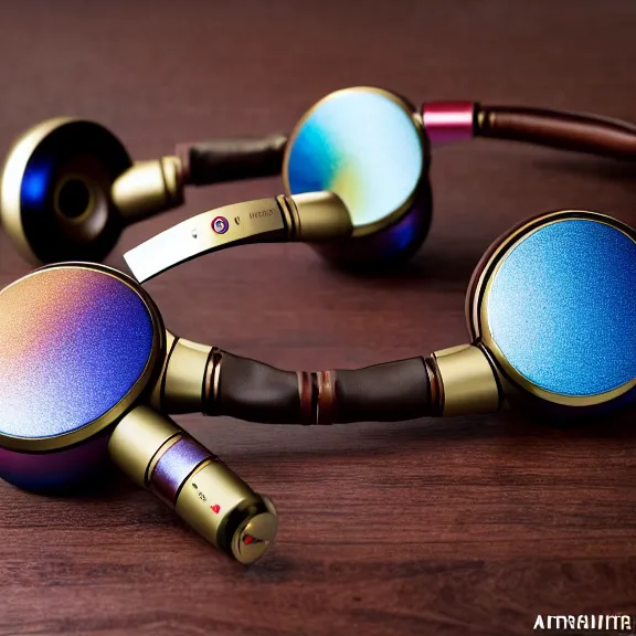 Image similar to masterpiece photo of beautiful crafted bismuth metal headphones, bismuth rainbow metal, bismuth cups, leather padding, displayed on mahogany desk, modernist headphones, bismuth headphones beautiful well designed, hyperrealistic, audiophile, intricate hyper detail, extreme high quality, photographic, meze audio, sennheiser, hifiman, artstation