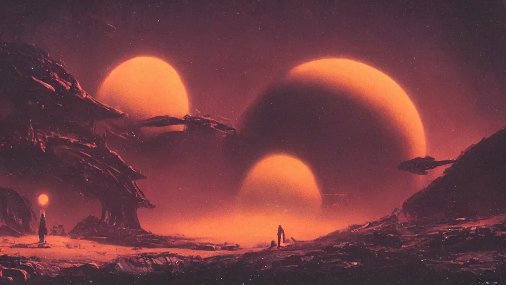 Image similar to eerie atmospheric alien planet by paul lehr and jack gaughan and john schoenherr, epic cinematic matte painting