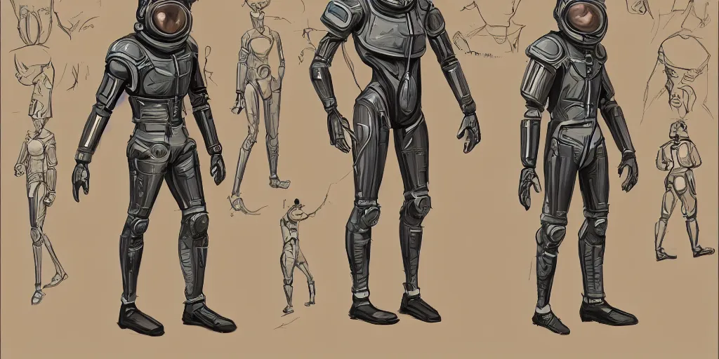 Image similar to male, fully body, elongated figure, space suit with a helmet, large shoulders, short torso, long thin legs, tiny feet, character sheet, digital sketch, hyperdetailed, dieselpunk, stylized character design, concept design